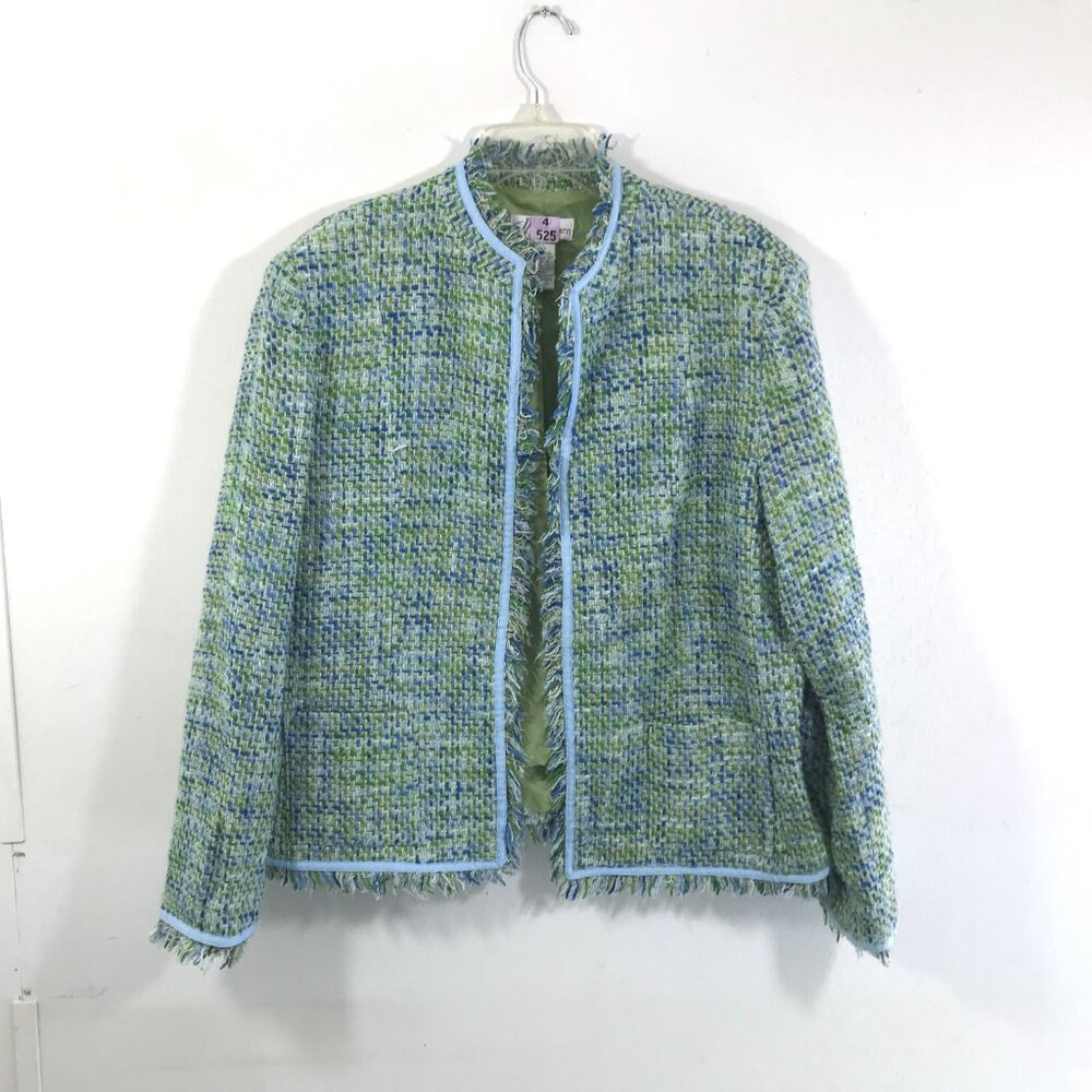 Dressbarn Sz 16 Tweed Open Front Blazer Fringe Pockets Green Blue - Picture 3 of 9